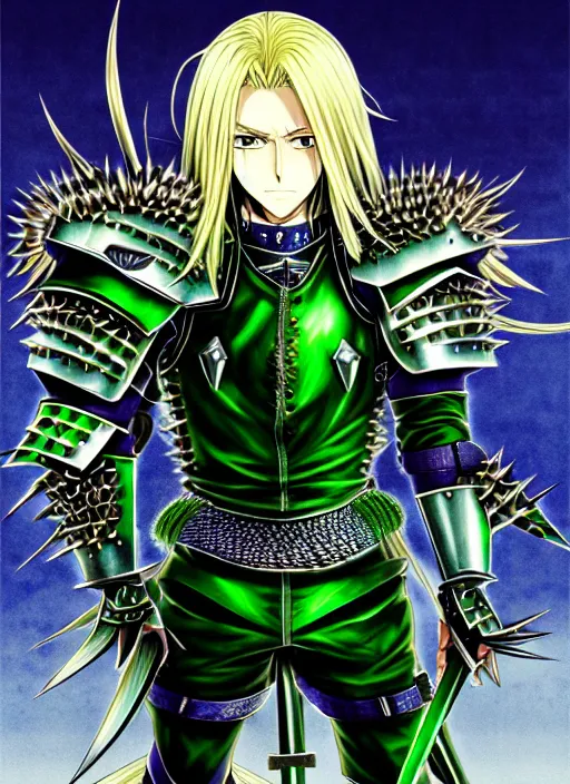 Image similar to a detailed manga full body portrait illustration of a man with long blonde hair and blue eyes wearing evil green spiked armour in a desolate place by hirohiko araki, detailed artwork, realism, 4 k resolution, detailed, high quality, sharp focus, hq artwork, insane detail, volumetric lighting, character concept art, fine details, clear subject, central subject