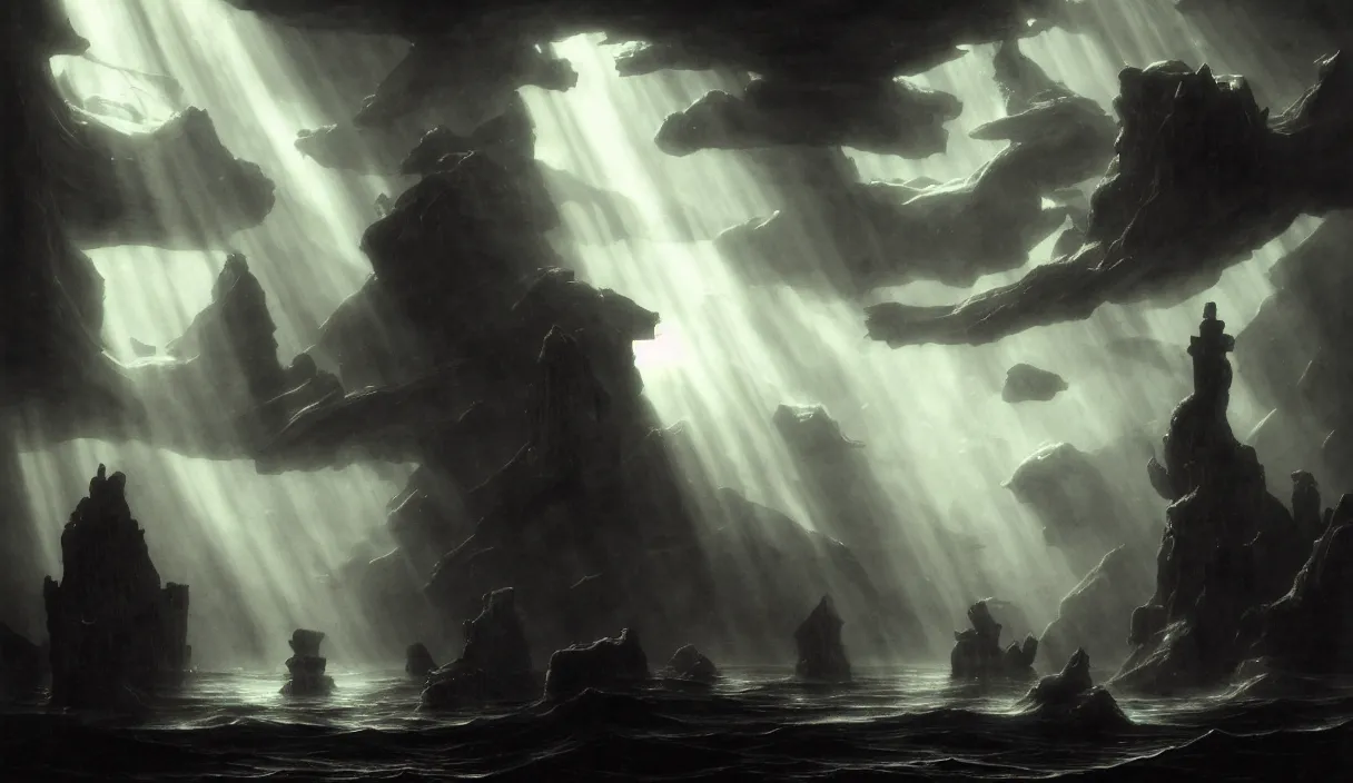 Image similar to low ultrawide shot, dark, underwater statues, submerged pre - incan temple with carvings, abyss, stylized, anime style mixed with fujifilm, detailed gouache paintings, crepuscular rays, dark, murky, foggy, atmospheric, nicola samori, albert bierstadt, frederic edwin church, beksinski, wayne barlowe's inferno