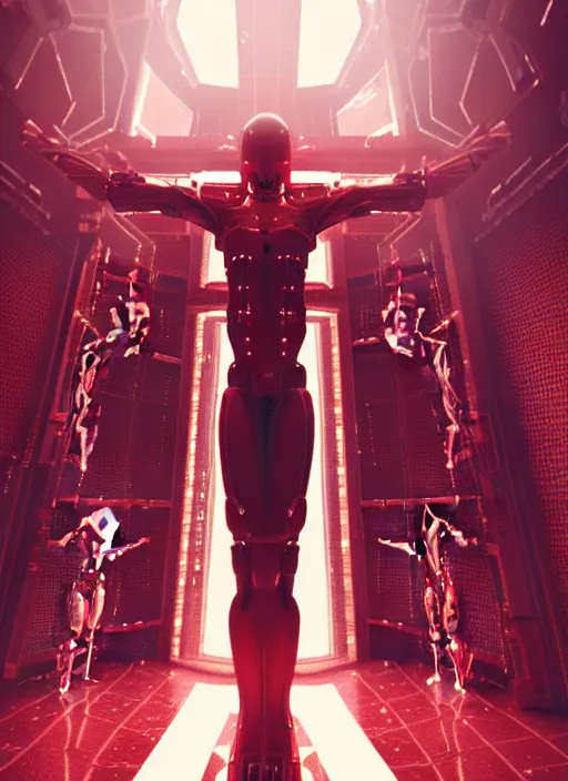 Image similar to , high detailed space station interior, a statue jesus on cross made of red marble, perfect symmetrical body, full body shot, white biomechanical, wearing epic bionic cyborg implants, masterpiece, intricate, biopunk, vogue, highly detailed, artstation, concept art, background galaxy, cyberpunk, octane render