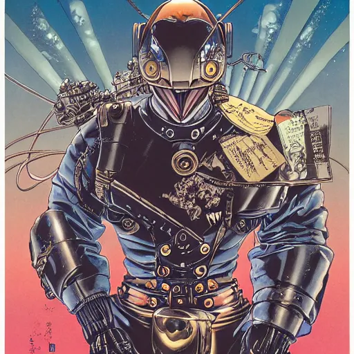 Image similar to portrait of crazy the rocketeer, symmetrical, by yoichi hatakenaka, masamune shirow, josan gonzales and dan mumford, ayami kojima, takato yamamoto, barclay shaw, karol bak, yukito kishiro, jean - baptiste monge