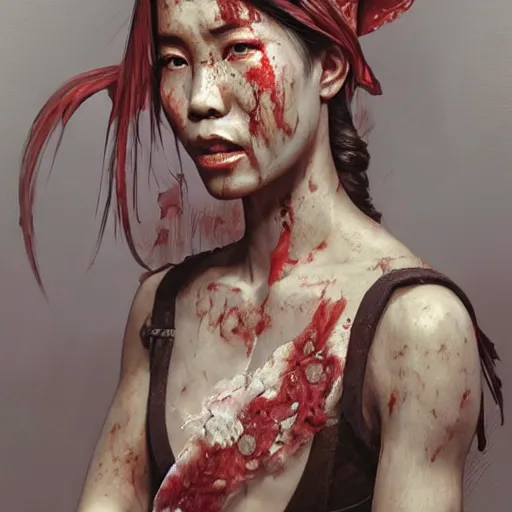 Prompt: portrait painting of a bloodied indonesian female butcher, ultra realistic, concept art, intricate details, eerie, highly detailed, photorealistic, octane render, 8 k, unreal engine. art by artgerm and greg rutkowski and alphonse mucha