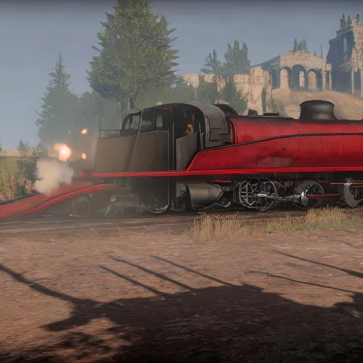 Image similar to futuristic sleek steam locomotive in red dead redemption 2