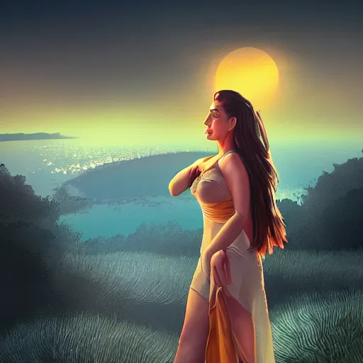 Image similar to kareena kapoor in sunset, by etienne hebinger, cgsociety, fantasy art, 2 d game art