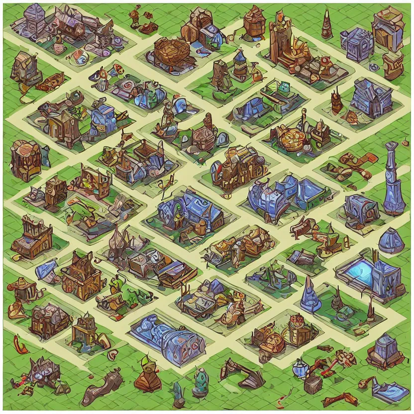 Image similar to set of isometric game tiles, containing a wizard's tower and several resourcers, colored lineart