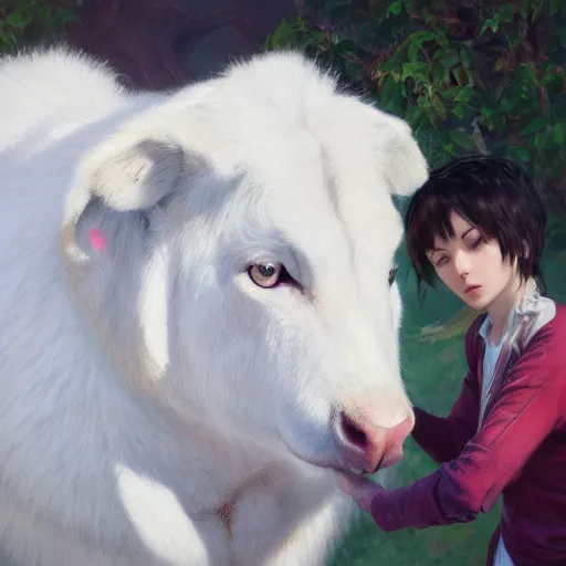 Prompt: a person touching a large white animal, a detailed painting by krenz cushart, pixiv contest winner, fantasy art, official art, detailed painting, pixiv. highly detailed. 4 k masterpiece. unreal engine. photorealistic. realism. cinematic. photorealism. wideshot