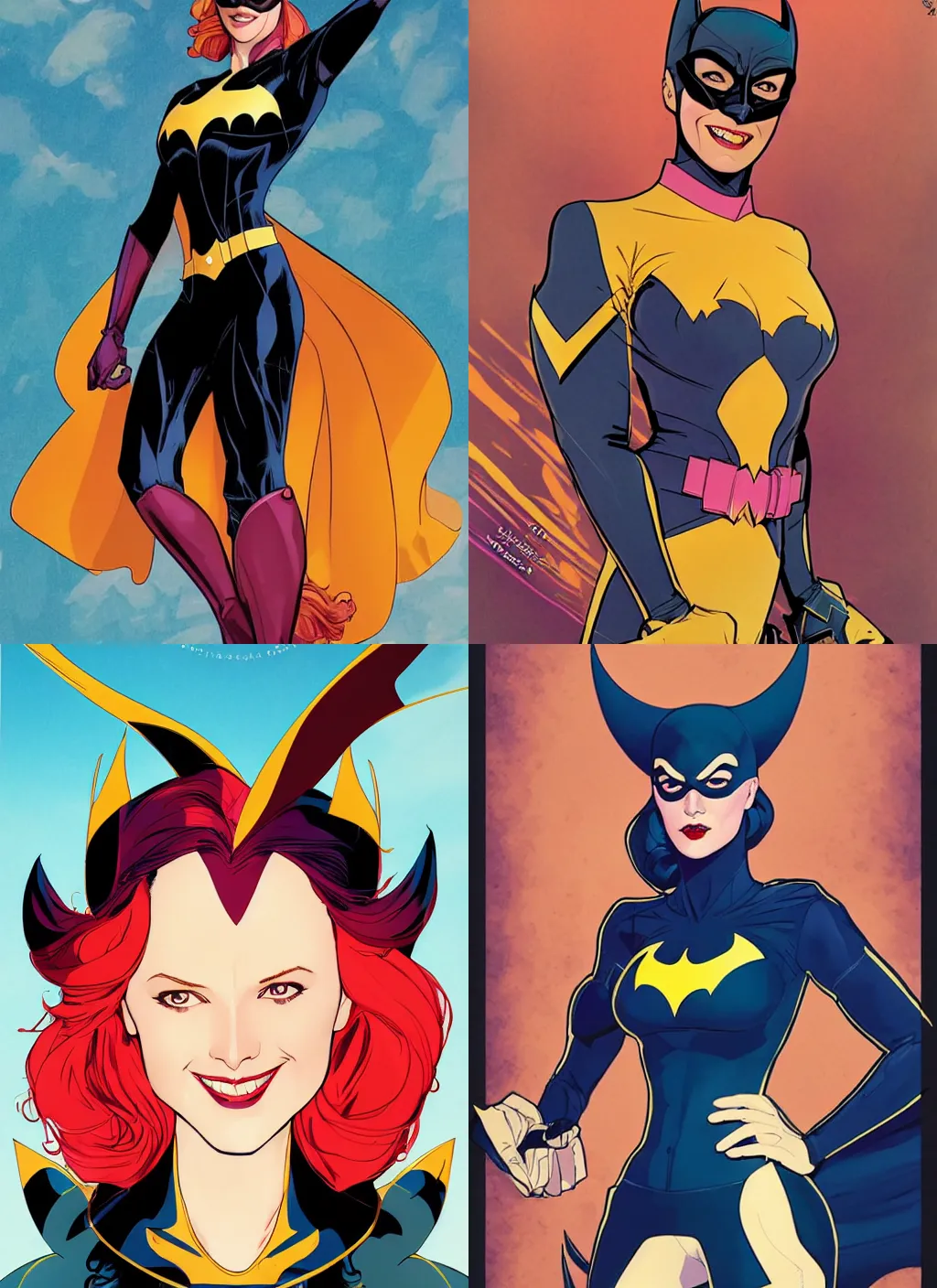 Image similar to in the style of Joshua Middleton comicbook cover art, Batgirl, fun pose Symmetrical body, smile