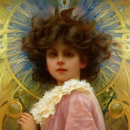 Image similar to childs day dream in clouds, sharp focus, intricate, elegant, digital painting, artstation, matte, highly detailed, concept art, illustration, volumetric lighting, gold and blue and pink color scheme, art by greg olsen, alphonse mucha, and greg rutkowski