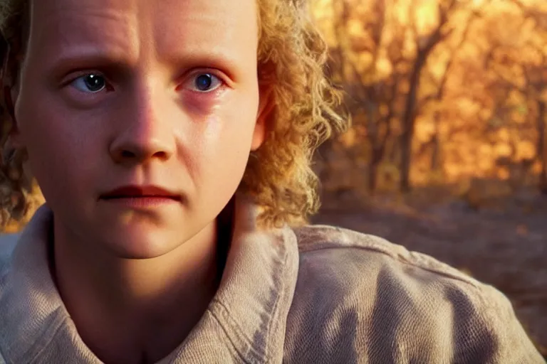 Image similar to Eleven looking down to Hawkins, happy after a long fight, photo-realistic, golden hour, epic