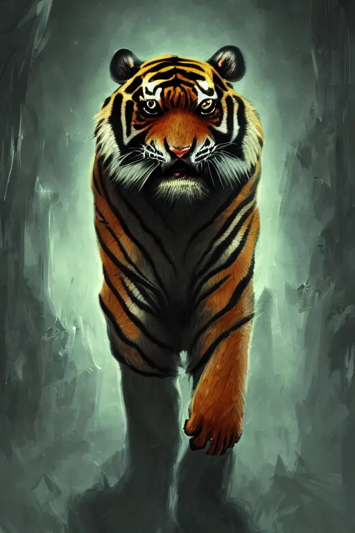 Image similar to a portrait of an anthro tiger of the apocalypse, grim - lighting, high - contrast, intricate, elegant, highly detailed, digital painting, artstation, concept art, smooth, sharp focus, illustration