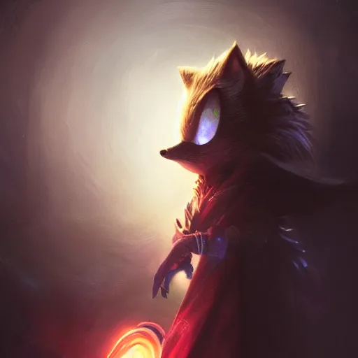 Image similar to portrait of sonic the hedgehog in a black cloak, glowing eyes, detailed face, highly detailed, cinematic lighting, digital art painting by greg rutkowski.