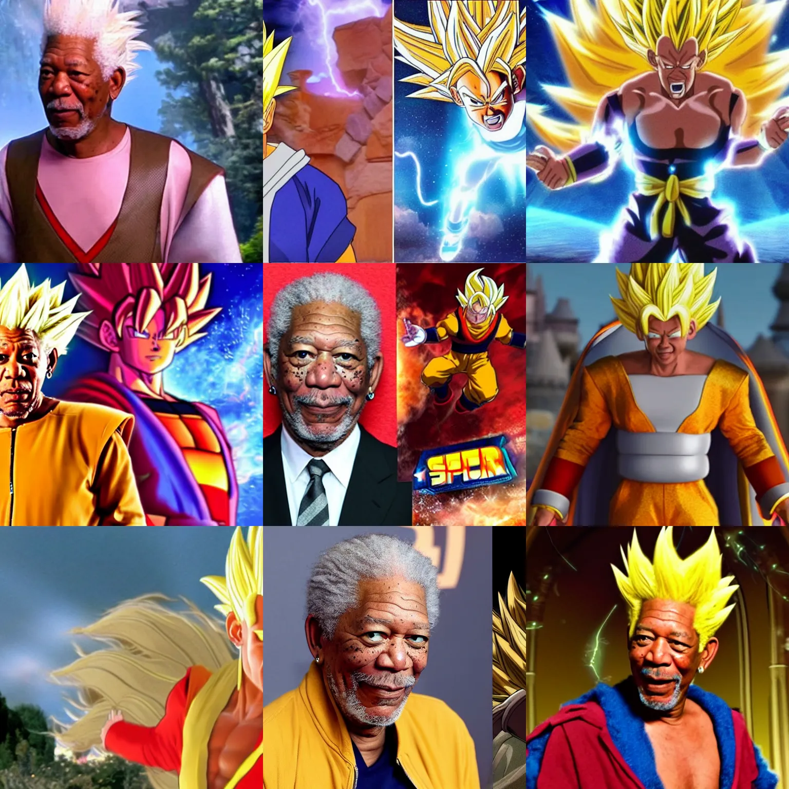 Prompt: morgan freeman as super saiyan character in disney movie