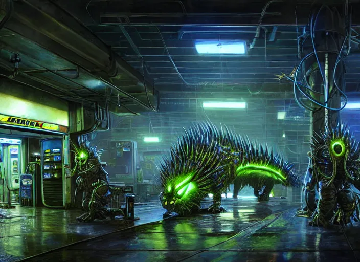 Image similar to scene inside a gas station with harsh fluorescent blue-white-green industrial lighting, giant monstrous aggressive spiked creature screaming at the camera, spikes like needles, needles, thin spikes, epic science fiction horror digital matte painting by Steve Henderson and Mark Brooks (and Greg Rutkowski), extremely detailed, artstation