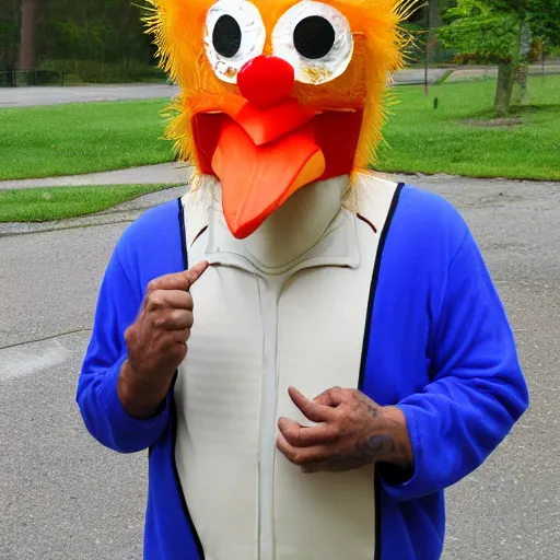 Prompt: a middle aged man in a poorly done chicken costume