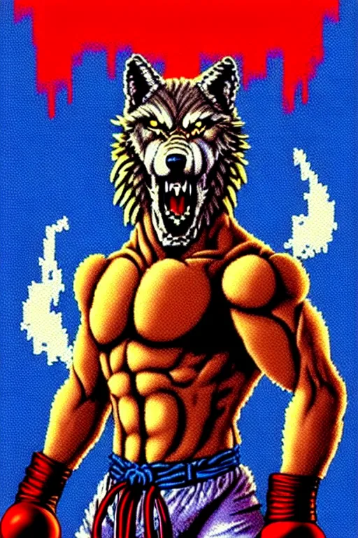 Image similar to extreme long shot. 8 bit nes graphics. antropomorphic muscular masculine wolf. kickboxer fighter, in shorts. wolf head. angry. fine details, very sharp, art from nes game cartridge, 8 0's, vhs artefacts, vaporwave style, marc simonetti and hermann nitsch and anish kapoor.