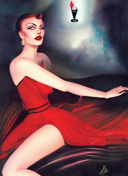 Image similar to an 8 0 s portrait of a woman with dark eye - shadow and red lips with dark slicked back hair dreaming acid - fueled hallucinations by serge lutens, rolf armstrong, delphin enjolras, peter elson