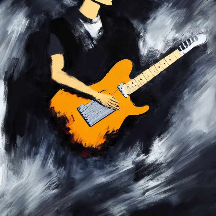 Image similar to large diagonal brush strokes, abstract dark painting of a young korean male musician wearing black tank top holding a telecaster!!! electric guitar!!, thick flowing dramatic brush strokes, dark matte colors!!, abstract, impressionist, motion, trending on artstation