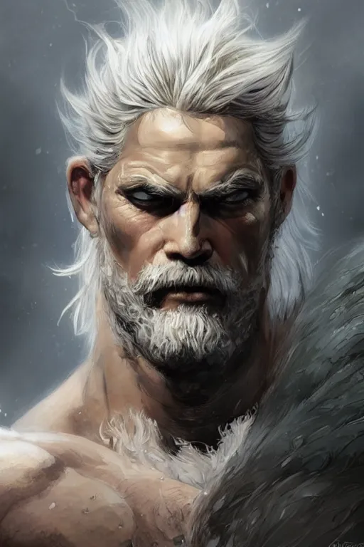 Image similar to painted portrait of rugged sephirot, god of thunder, greek god, white hair, masculine, mature, handsome, upper body, muscular, hairy torso, fantasy, intricate, elegant, highly detailed, digital painting, artstation, concept art, smooth, sharp focus, illustration, art by gaston bussiere and craig mullins