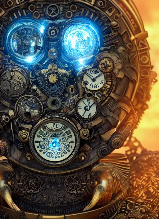 Image similar to steampunk aztec owl pocketwatch, intricate detail, volumetric lighting, epic composition, hyper detailed, ultra realistic, sharp focus, octane render, lava lamp, blue moon, volumetric, ray tracing, artstation trending, cgsociety, sense of awe, swirling mist, 4 k