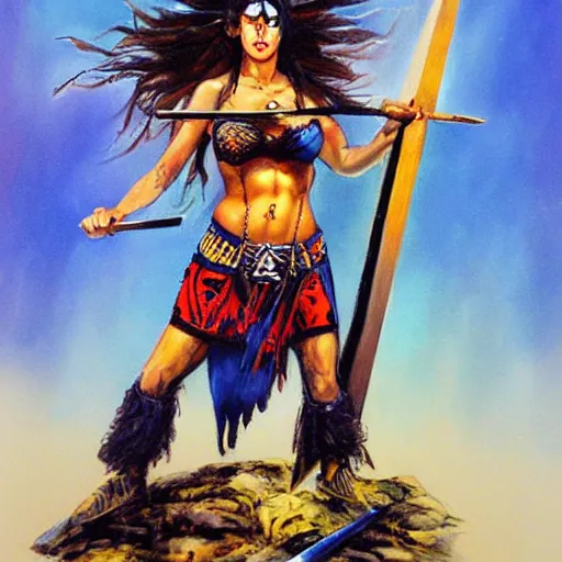 Prompt: Shamanic Priestess Carrying Axe, by Simon Bisley