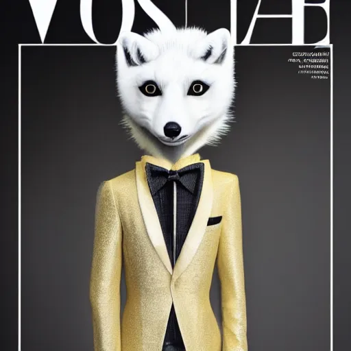 Image similar to fashion magazinecover of an anthropomorphic Arctic Fox wearing a fancy tuxedo