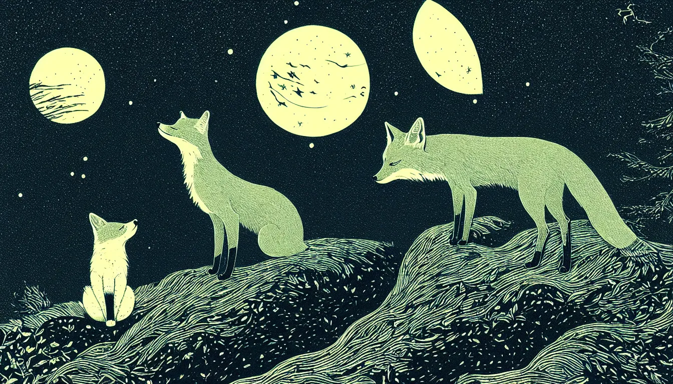 Prompt: fox gazing at the night sky by woodblock print, nicolas delort, moebius, victo ngai, josan gonzalez, kilian eng