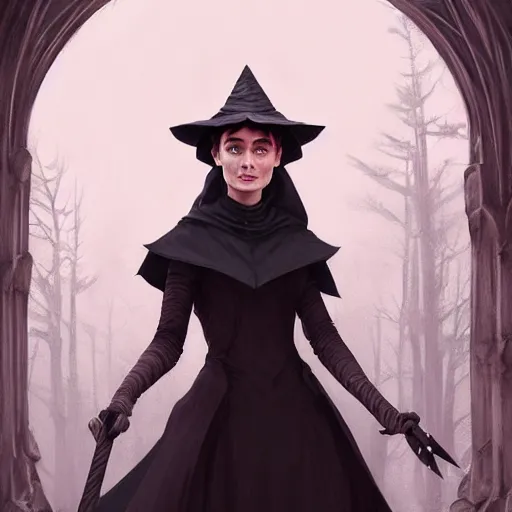 Prompt: audrey hepburn as a witch in an epic fantasy novel, various backgrounds, intricate, elegant, highly detailed, digital painting, artstation, matte, illustration, art by artgerm, greg rutkowski