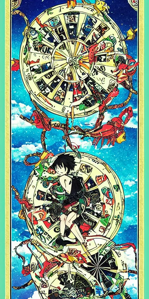 Image similar to Wheel of Fortune tarot card by Koyoharu Gotouge. clean, sharp lines,