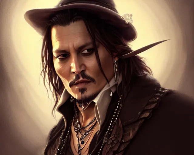 Image similar to photography of johnny depp, deep focus, d & d, fantasy, intricate, elegant, highly detailed, digital painting, artstation, concept art, matte, sharp focus, illustration, hearthstone, art by artgerm and greg rutkowski and alphonse mucha