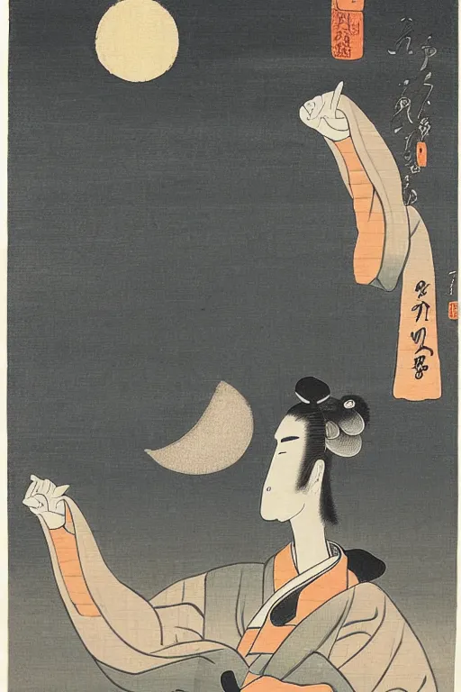 Prompt: a man gazing into the moon seeing far into the future, edo period, traditional japanese art style, reflection