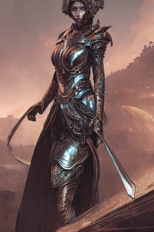 Image similar to portrait knights of Zodiac girl, metallic black and reddish reflected armor, in ruined Agora of Athens, ssci-fi, fantasy, intricate, very very beautiful, elegant, highly detailed, digital painting, artstation, concept art, smooth, sharp focus, illustration, art by tian zi and WLOP and alphonse mucha