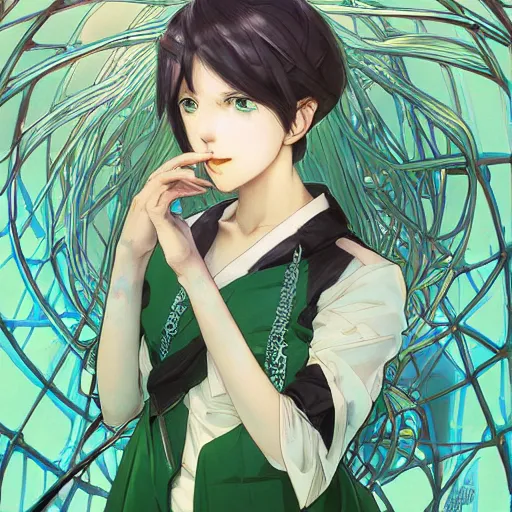 Image similar to hatsune miku short hair, anime style, hyper detailed, light green dress, illustration, digital painting, art by artgerm and greg rutkowski and alphonse mucha, high delicate defined details, anime stylized, highly detailed, realistic, sharp focus, styled by rhads