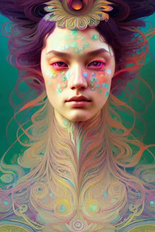 Prompt: beautiful psychedelic portrait, highly detailed, digital painting, artstation, sharp focus, illustration, art by tan zi and ayanamikodon and alphonse mucha and wlop