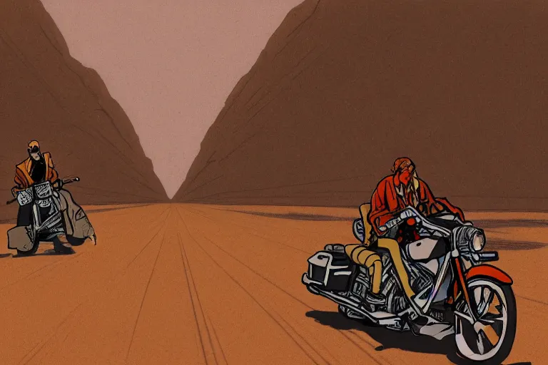 Prompt: ghost cowboy riding a harley davidson in a desert road, cowboy shot, perspective, art by satoshi kon, soft colors