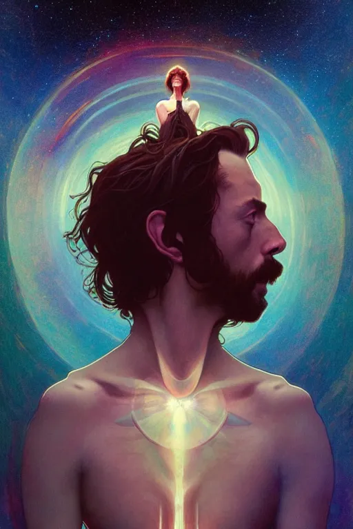 Image similar to alan watts floating in the universe full body painting highly detailed dramatic lens lighting by artgerm and greg rutkowski and alphonse mucha and simon stalenhag artstation