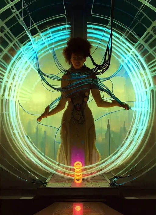 Image similar to high depth, collective civilization diversity, calm, healing, resting, life, hybrids, scifi, glowing lights!!, published concept art, mixed medias, image overlays, sharp focus, thin glowing wires, winning illustration, art by greg rutkowski and alphonse mucha, singularity!!!, 3 6 0 projection