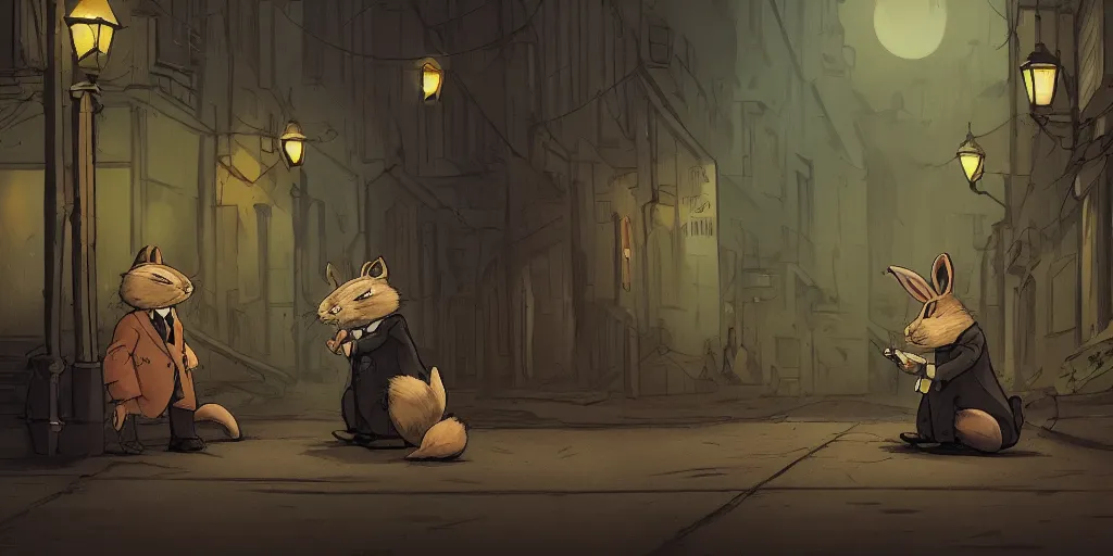 Image similar to rabbit wearing a tie is talking to a well dressed raccoon in a dark alley, warm color palette, night time, dramatic lighting, noir film, character sheet, fine details, high contrast, blacksad, kim jung gi, greg rutkowski, trending on artstation, 8 k, front view, back view, ultra wide angle