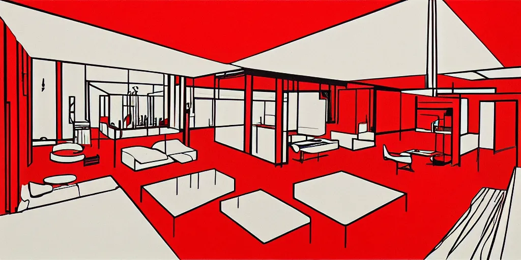 Prompt: modernist interior, seen from above, by René Laloux, line brush, red, plain background