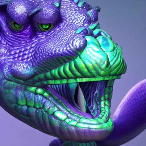 Prompt: 3 d fantasy sea serpent face close up iridescent purple blue green cycles render character concept 3 d render detailed