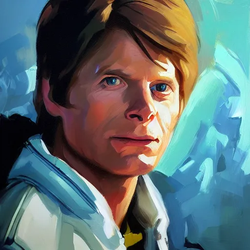 Image similar to greg manchess portrait painting of marty mcfly from back to the future as overwatch character, medium shot, asymmetrical, profile picture, organic painting, sunny day, matte painting, bold shapes, hard edges, street art, trending on artstation, by huang guangjian, gil elvgren, ruan jia, randy vargas, greg rutkowski