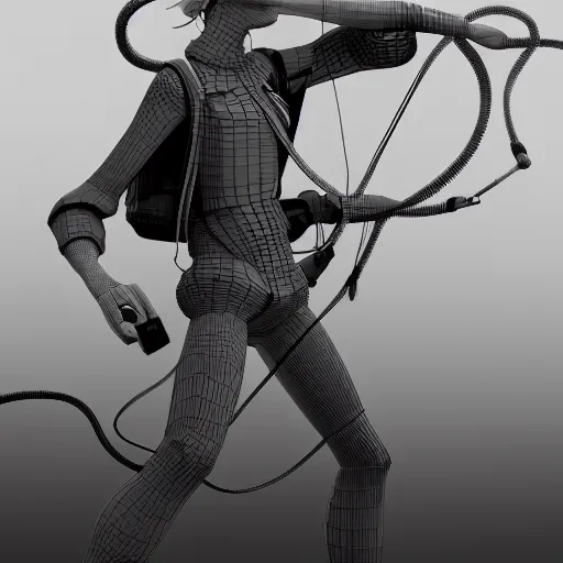 Image similar to RPG character concept art, modular synth musician patching cables, wires flying in the air, in the style of Jamie Hewlett Hiroya Oku Riyoko Ikeda, 3d render, artstation trending, 8k, octane render, photorealistic, sharp detail, manga, black and white