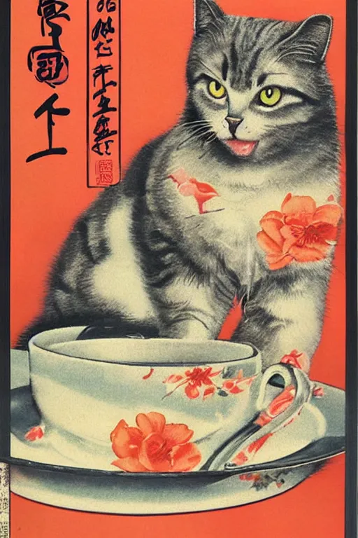 Image similar to cat advertisment, still life, 1 9 7 0 s japan shouwa advertisement, print, nostalgic