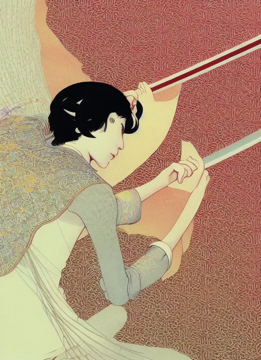 Prompt: third lotus prince committed suicide by drawing his sword by the riverby ilya kuvshinov and victo ngai