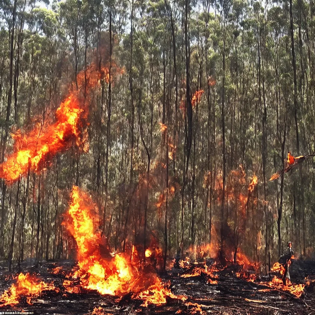 Prompt: In a forest in Australia, a plane burns and a man watches his son burn while flaming animals flee in the style of Terence Malik