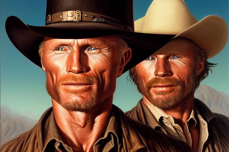 Prompt: poster portrait of ed harris as a black hat cowboy in silverado ( 1 9 8 5 ). oil painting elegant, highly detailed, centered, digital painting, artstation, concept art, smooth, sharp focus, illustration, artgerm, tomasz alen kopera, peter mohrbacher, donato giancola, joseph christian leyendecker drew struzan