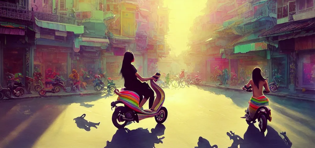 Prompt: a young asian girl, not wearing clothes, riding on the moped scooter, on the street of hanoi, digital illustration by ruan jia on artstation, colorful, rainbow, sunlight, soft lighting, insanely detailed and intricate, hypermaximalist, elegant, ornate, hyper realistic, super detailed, by akihito yoshida, by bob byerley