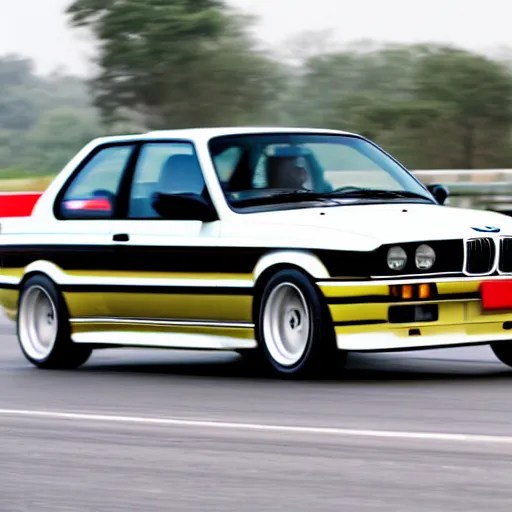 Image similar to a rolling shot of a modified bmw e 3 0 with lights on, on a street race track, motion blur, 1 5 0 mm lens