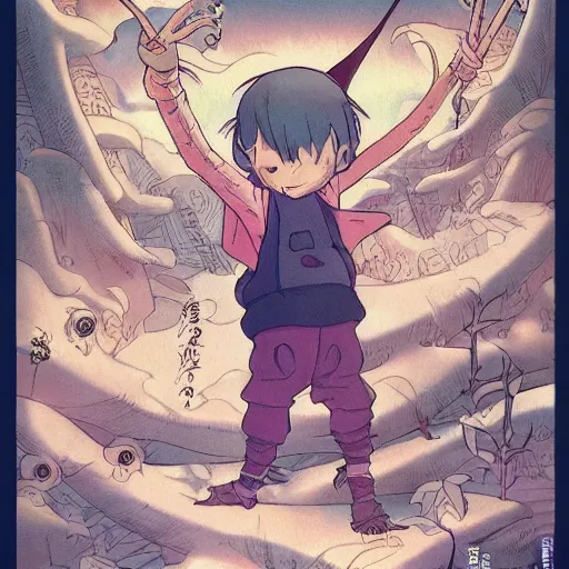 Image similar to a viscerous hyperdetailled character design illustration of the tiny boy in a giant world, scales, size, huge, wanderer in the tree universe, style of studio ghibli, artgerm ( ukiyo - e influence )