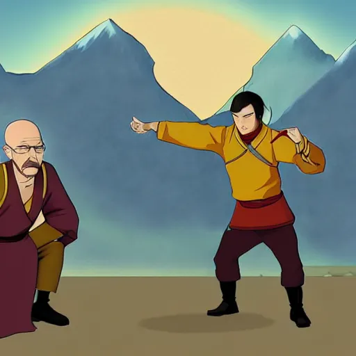 Image similar to Walter White and Jesse Pinkman in avatar the last Airbender, screenshot, still, digital art, highly detailed, in the style of Avatar the Last airbender, in the style of The Legend of Korra