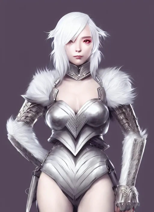 Image similar to fur - lined armor!!! beautiful and elegant white haired female!! gorgeous ayes!! character concept art, sharp focus, octane render! unreal engine 5! highly rendered!! trending on artstation!! detailed linework!! illustration by artgerm, wlop, and chie yoshii