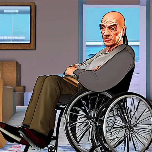 Prompt: Mark Margolis aka Hector Salamanca from Better Call Saul as a GTA character portrait sitting in a wheelchair with oxygen, Grand Theft Auto, GTA cover art